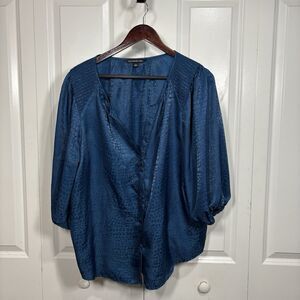 Zac & Rachel Blouse Womens 1X Teal Satin Animal Print Puff Sleeve Boho Chic Top